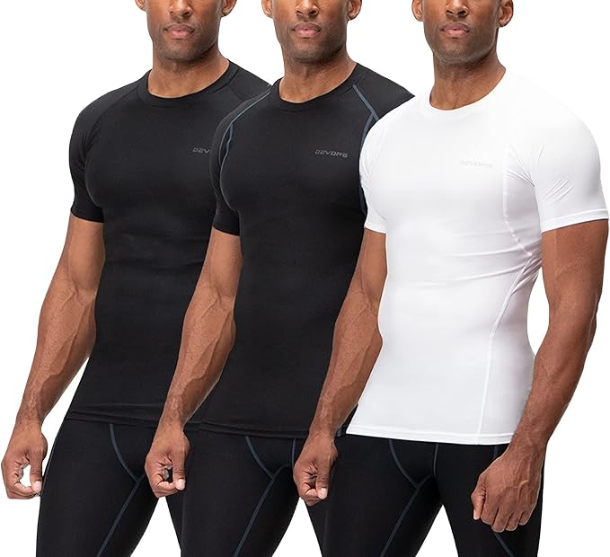 DEVOPS 3 Pack Men's Cool Dry Short Sleeve Compression Shirts, Sports Baselayer T-Shirts Tops, Athletic Workout Shirt