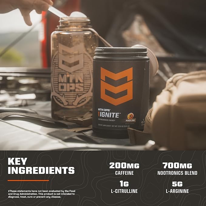 MTN OPS Ignite Energy Drink Powder, Gluten Free Nootropic Supplement Drink Mix, L Arginine, L Citrulline, Caffeine & Nootropic Sugar Free Drink Mix, 45 Servings, Bull Rush