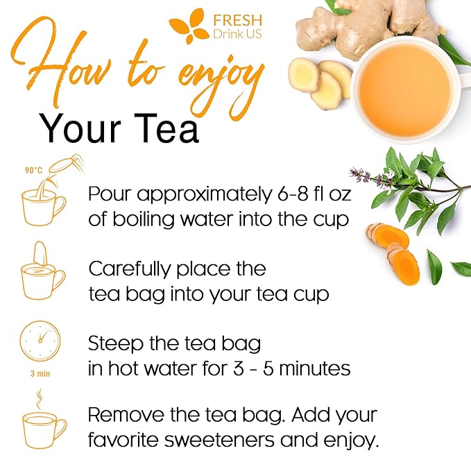 FreshDrinkUS, Premium 35 Tulsi Turmeric Ginger Tea Bags, 100% Natural & Pure from Tulsi Holy Basil Leaves, Turmeric and Ginger. Made with Natural Material Tea Bags. No Sugar, No Caffeine, Vegan.