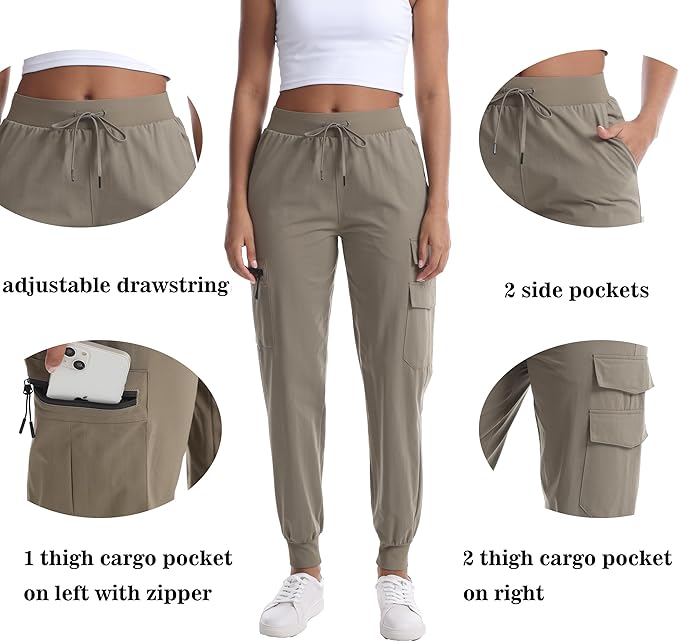 Women's Lightweight Hiking Joggers with Pockets - Water Resistant Cargo Pants for Outdoor Workouts Camping
