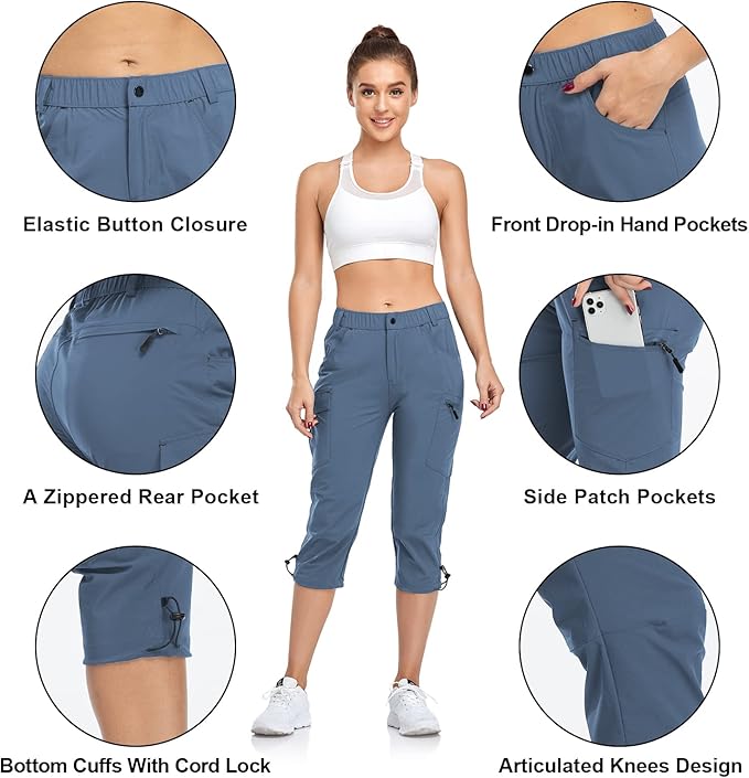 GymBrave Women's Hiking Cargo Pants Quick Dry Outdoor Camping Capris Water Resistant UPF 50 with Zipper Pockets