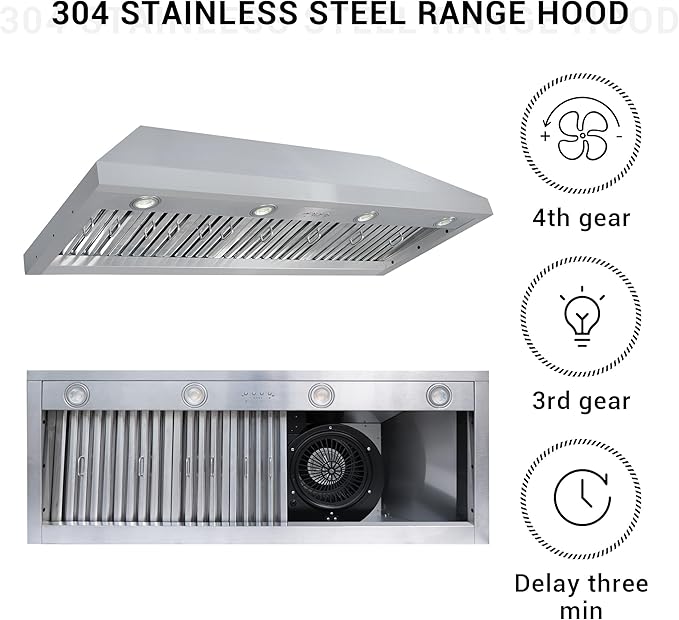 CHETTO C Stainless Steel Range Hood Cover with 4-Speed Vent Hood Insert Custom Handmade Metal Kitchen Fan with Towel Rack LED Light 48"W x27"D x48"H Black Island Mount