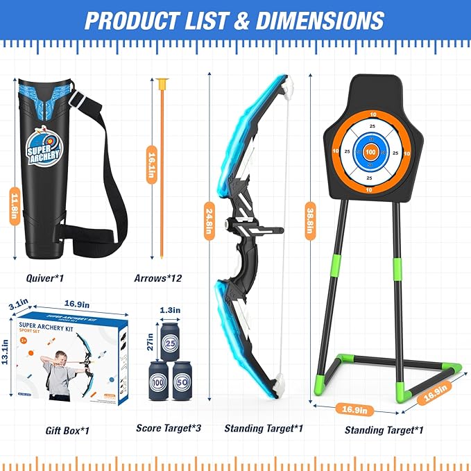 Bow and Arrow for Kids, LED Light Up Archery Set with 12 Suction Cup Arrows, 1 Standing Target, 3 Score Targets & 1 Quiver, Indoor Outdoor Sport Gifts for Boys Girls Ages 4-12, Blue