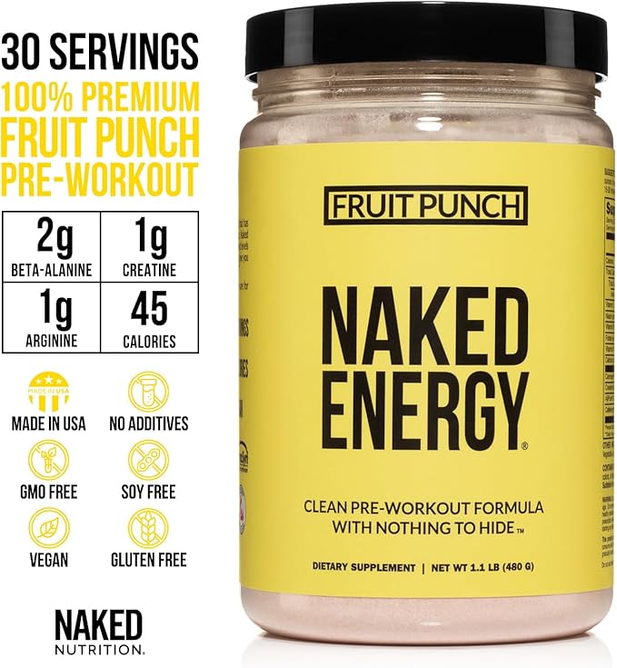 NAKED Fruit Punch Energy - Clean Pre Workout Supplement for Men and Women, Vegan Friendly, No Added Sweeteners, Colors Or Flavors - 30 Servings