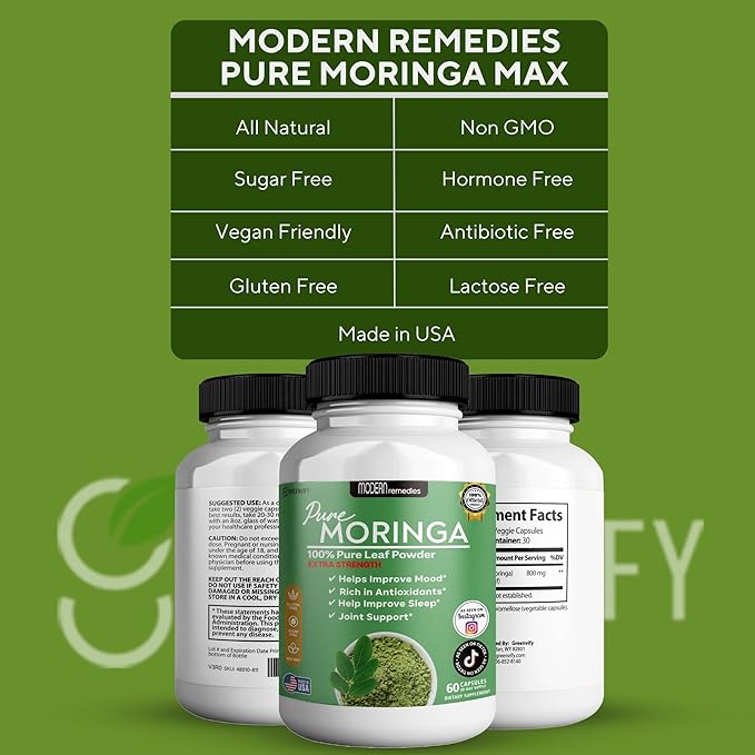 Modern Remedies Pure Moringa Max Leaf Powder Supplement, 800mg, 60 Capsules, Extra Strength for Mood, Sleep and Joint Support, Gluten Free (2)