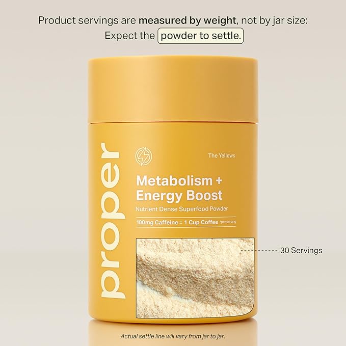 Proper, The Yellows Metabolism and Energy Boost, Sugar Free Energy Drink Powder with 100mg Caffeine. No Creatine or Beta-Alanine. 30 Servings, Pineapple Mango Drink Mix for Men and Women