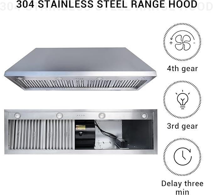 CHETTO C Stainless Steel Range Hood Cover with 4-Speed Vent Hood Insert Custom Handmade Metal Kitchen Fan with Towel Rack LED Light 60"W x27"D x45"H Black Island Mount