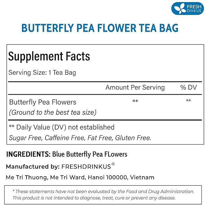 FreshDrinkUS, 100 Premium Butterfly Pea Flower Tea Bags – 100% Pure & Natural | Caffeine-Free Herbal Blue Tea | No Additives, Non-GMO, Made With Natural Material Tea Bag, No Sugar, No Caffeine, No Gluten, Vegan