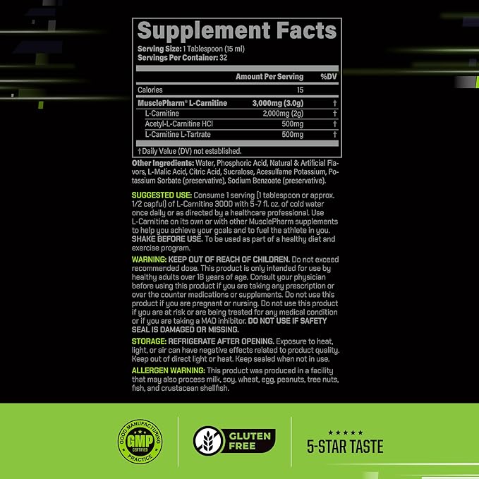 Muscle Pharm L-Carnitine 3000, The Ultimate Liquid L Carnitine Supplement for High-Performance, Supports Metabolism, Hydration & Energy, Zero Sugar/Calories, Sour Cherry Flavor, 32 Servings