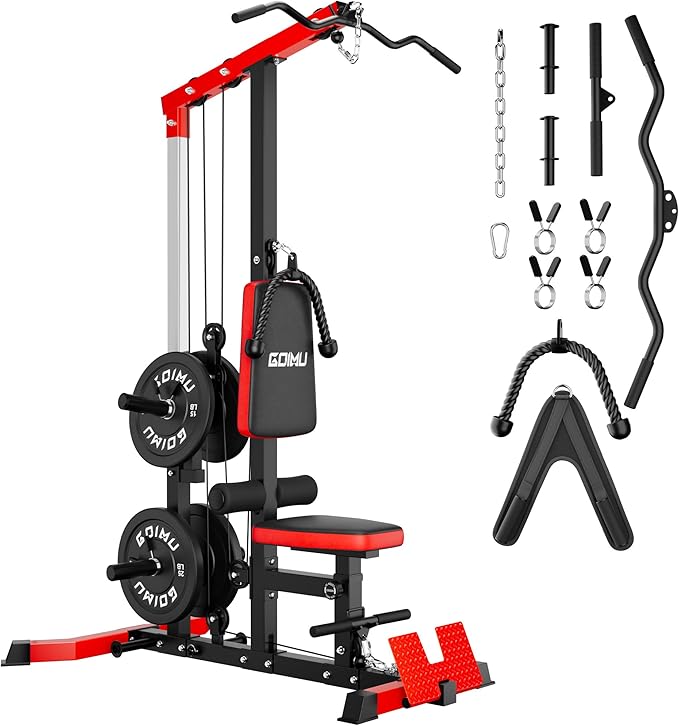 LS01 LAT Pulldown Machine, LAT Row Cable Machine with AB Crunch, LAT Tower with Cable Row Attachments, 3 in 1 Pulley Stations for Home Gym