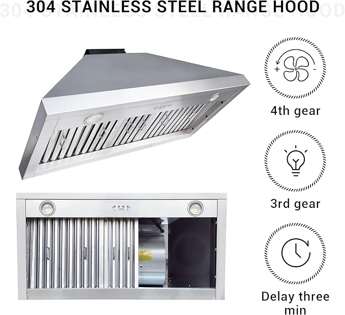 CHETTO C Stainless Steel Range Hood Cover with 4-Speed Vent Hood Insert Custom Handcrafted Metal Kitchen Fan with Towel Rack LED Light 36"W x27"D x24"H White Island Mount