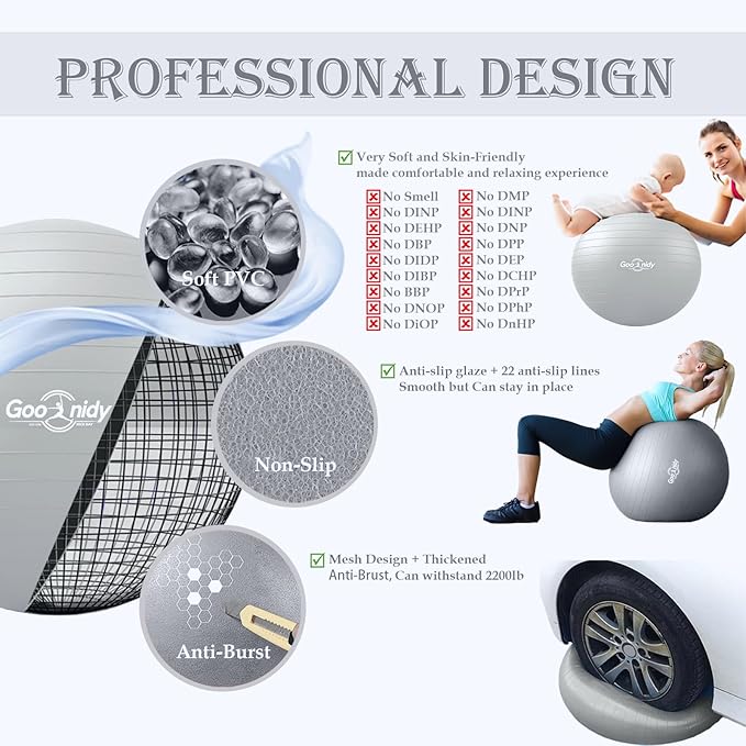 Soft Exercise ball, Anti-Burst Yoga Ball Chair Supports 2200lbs, Workout Equipment w/ Pump for Women Pregnancy, Medicine, Birthing, Physical Therapy, Stability, Excersing, Birth, Swiss, Fitness, Gym
