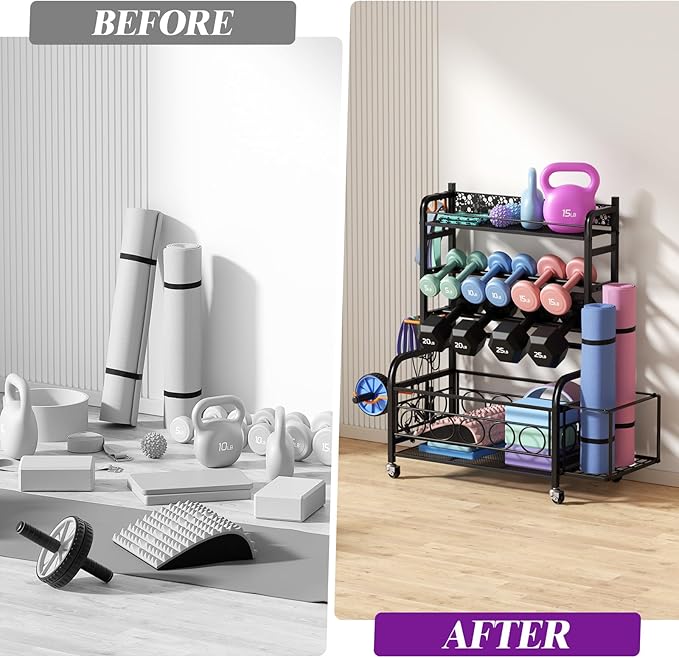 Dumbbell Rack, VOPEAK Weight Rack for Home Gym, Home Gym Storage Rack for Yoga Mat Kettlebells and Strength Training Equipment, Weight Storage Rack for Dumbbells with Wheels