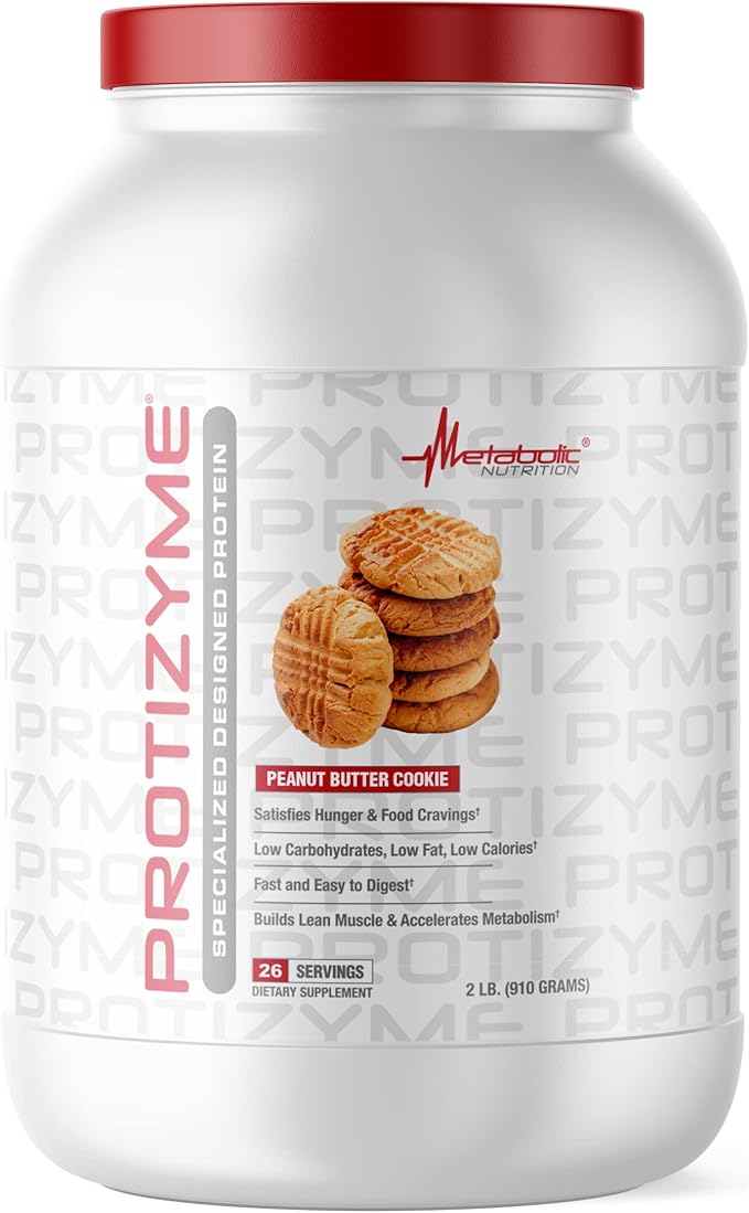 Metabolic Nutrition, Protizyme, 100% Whey Protein Powder, High Protein, Low Carb, Low Fat with Digestive Enzymes, 24 Essential Vitamins and Minerals, Peanut Butter Cookie, 2 Pound