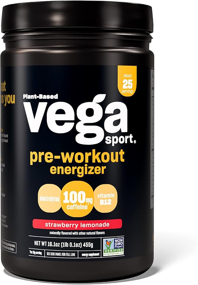 Vega Sport Pre-Workout Energizer, Strawberry Lemonade - Pre Workout Powder for Women & Men, Supports Energy and Focus, Electrolytes, Vegan, Keto, Gluten Free, Non GMO, 1.1 lbs
