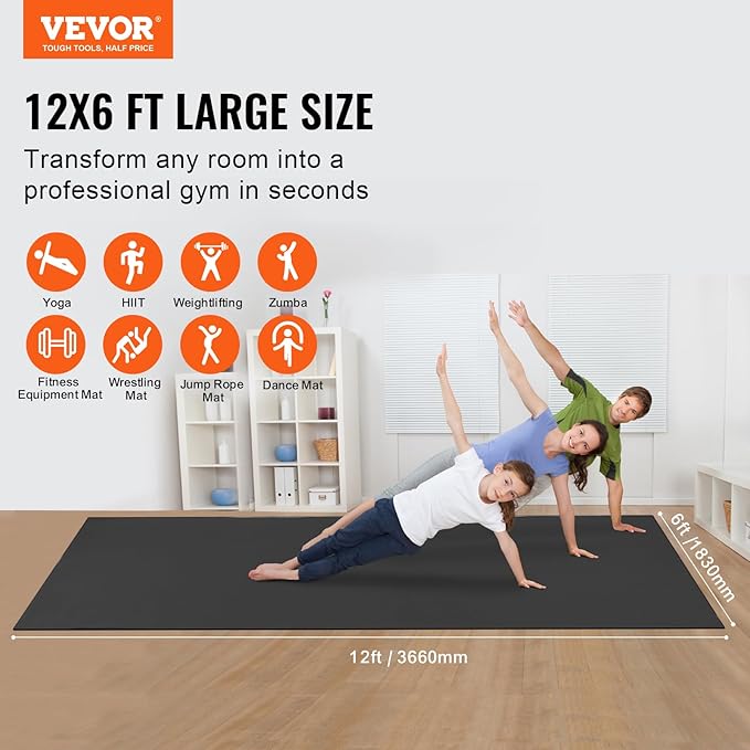 VEVOR Large Exercise Mat, Non Slip High Density Premium Yoga Mat, Exercise Yoga Mat for Men Women, Fitness & Exercise Mat with Bag & Carry Strap, for All Types of Home Yoga, Pilate & Floor Workout