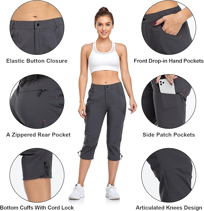 GymBrave Women's Hiking Cargo Pants Quick Dry Outdoor Camping Capris Water Resistant UPF 50 with Zipper Pockets