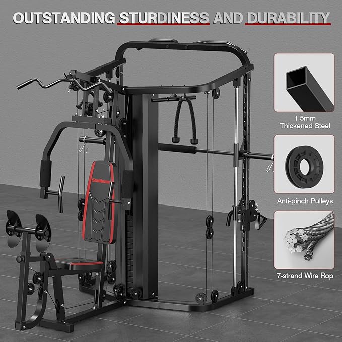 SunHome Multifunction Home Gym System Workout Station,Smith Machine with 138LB Weight Stack, Leg Press, LAT Station for Full Body Training