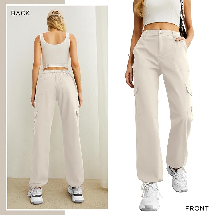 Lepunuo Women's High Waisted Cargo Pants Travel Y2K Streetwear Baggy Stretchy Pants with 6 Pockets Drawstring Ankle Cuffs