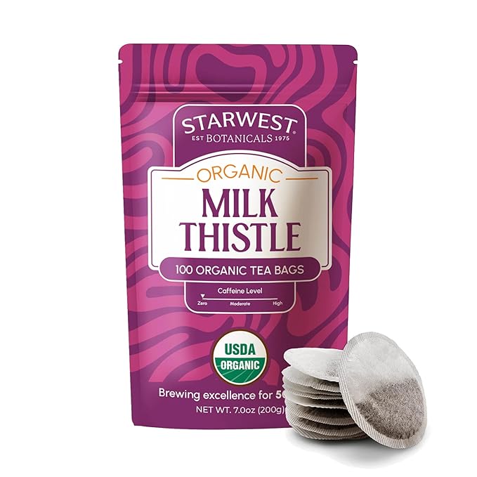 Starwest Botanicals Organic Milk Thistle Seed Tea - Caffeine Free Herbal Tea, Promotes Calm, USDA Organic Milk Thistle Seed, String Free Sachets, Non GMO - Bulk Pack, 100 Tea Bags