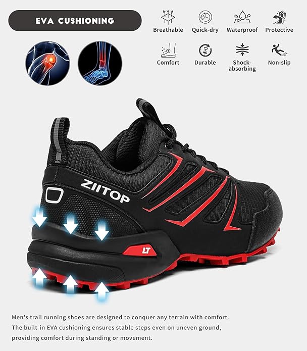 Mens Trail Running Shoes Waterproof Non-Slip Hiking Walking Sneakers for Outdoor Trailing Trekking Camping Quest Black
