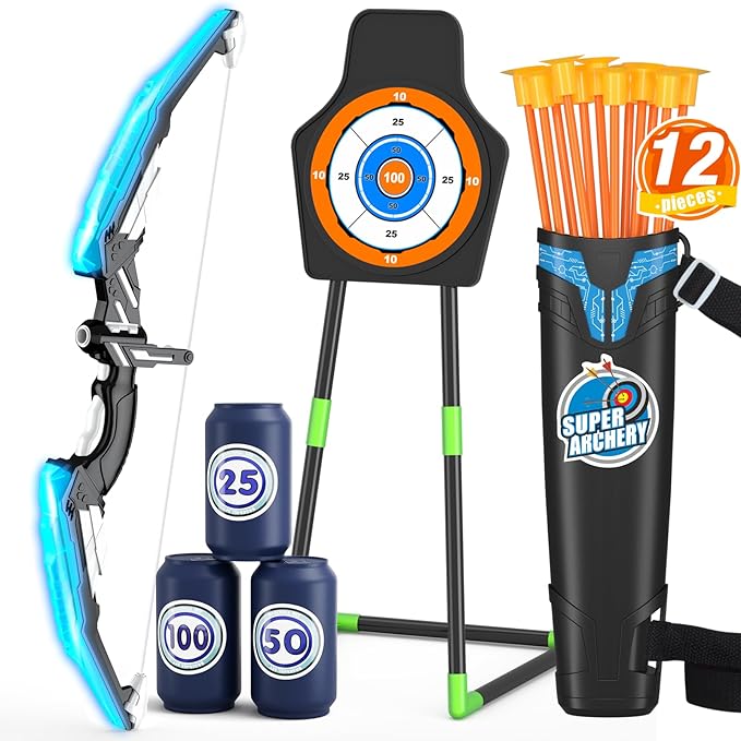 Bow and Arrow for Kids, LED Light Up Archery Set with 12 Suction Cup Arrows, 1 Standing Target, 3 Score Targets & 1 Quiver, Indoor Outdoor Sport Gifts for Boys Girls Ages 4-12, Blue
