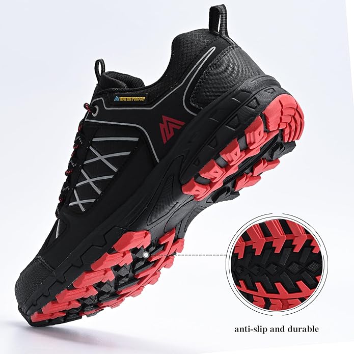 Queday Men's Waterproof Hiking Shoes Lightweight Anti Slip Outdoor Ankle Boots Breathable Hike Trekking Trails Shoe