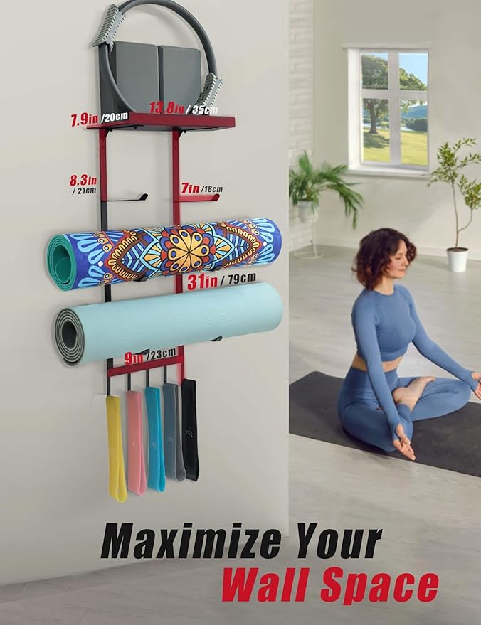 Yoga Mat Holder Wall Mount, Home Gym Storage Rack with Top Flating Shelf, 4-Tiers Holding Yoga Mat/ Blocks/ Rollers and Decorations, 5 Hooks for Resistance Bands, Skipping-Rope, Small Gym Equipment