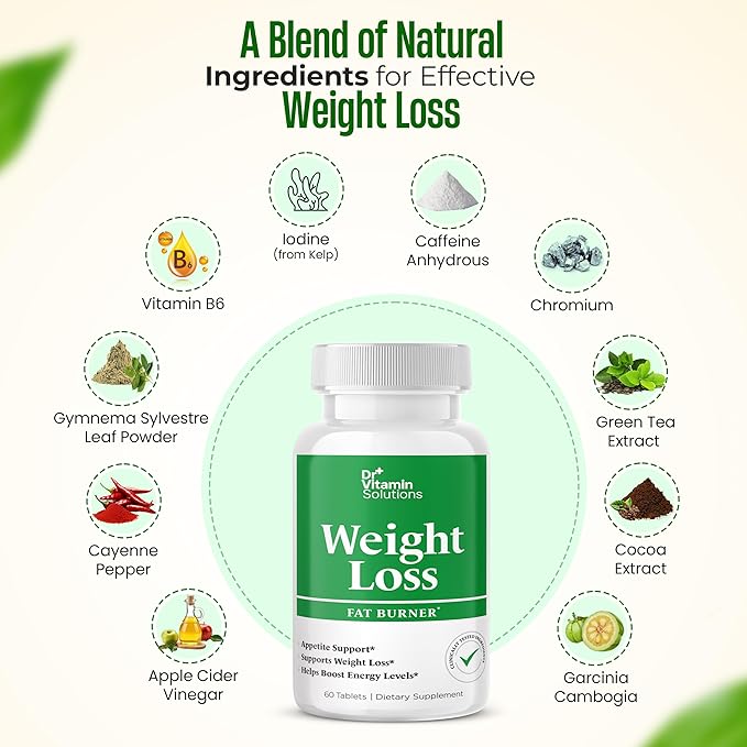 DR VITAMIN SOLUTIONS Fat Burner for Women & Men - Weight Loss Supplements with Green Tea Extract, Chromium, Vitamin B6 - Energy Booster, Belly Fat Burner & Appetite Suppressant Diet Pills - 60 Tablets