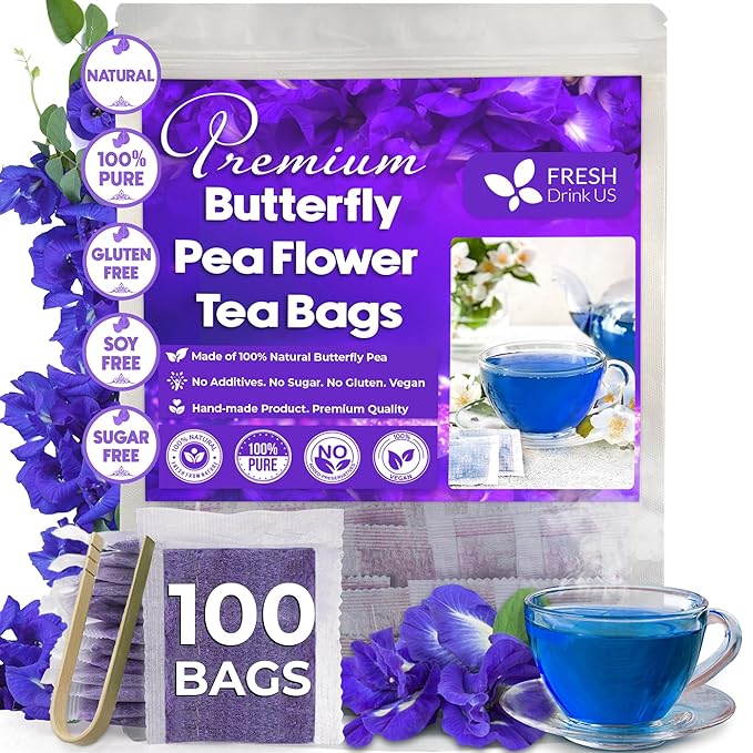 FreshDrinkUS, 100 Premium Butterfly Pea Flower Tea Bags – 100% Pure & Natural | Caffeine-Free Herbal Blue Tea | No Additives, Non-GMO, Made With Natural Material Tea Bag, No Sugar, No Caffeine, No Gluten, Vegan