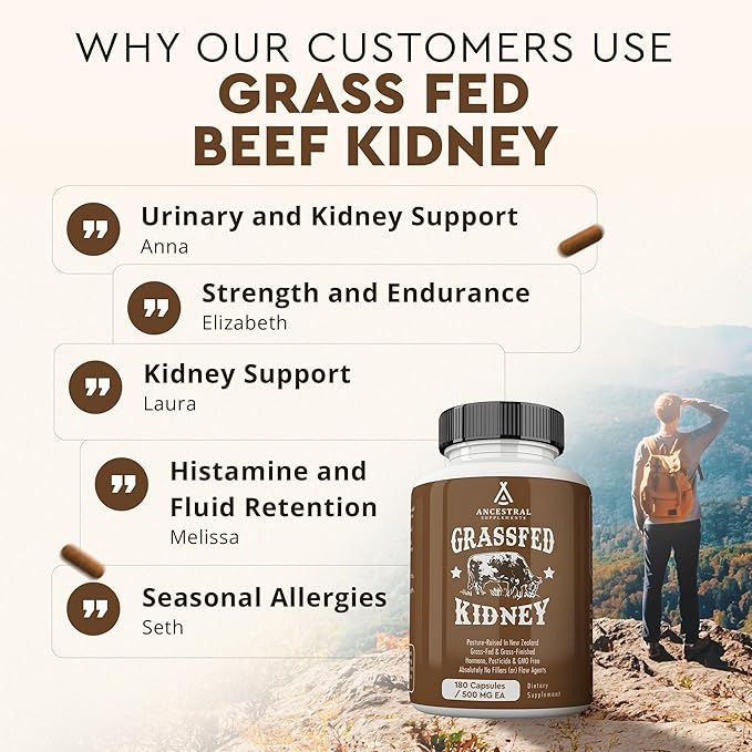 Ancestral Supplements Grass Fed Beef Kidney Supplement, 3000mg, DAO Enzyme Supplement, Kidney Support for Urinary and Histamine Health, Selenium, B12, Non GMO, 180 Capsules