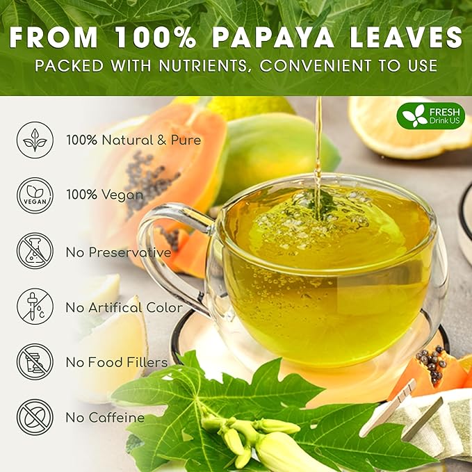 FreshDrinkUS, Premium 135 Papaya Leaf Tea Bags, 100% Natural & Pure from Papaya Leaves. Loose Leaf Papaya Herbal Tea. Made with Natural Material Tea Bags. No Sugar, No Caffeine, No Gluten, Vegan.