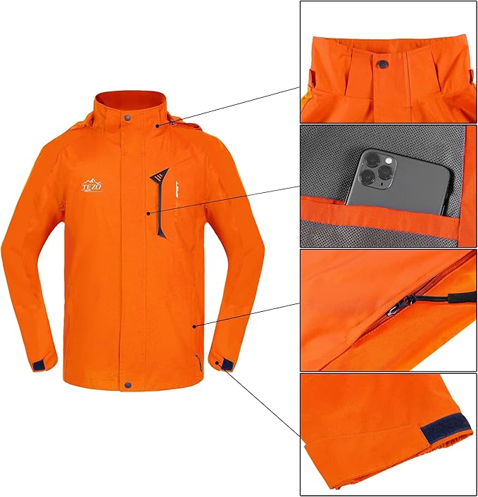 TEZO Mens Rain Jacket Waterproof with Hooded Hiking Coat Lightweight Windbreaker