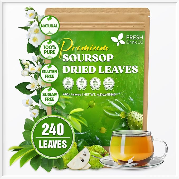 FreshDrinkUS, 240+ Premium Soursop Graviola Dried Leaves Tea, 230-250 Whole Soursop Leaves, Wildcrafted, Graviola , Guanabana , Hoja Guanabana, Loose Leaf Herbal , No Gluten, Vegan