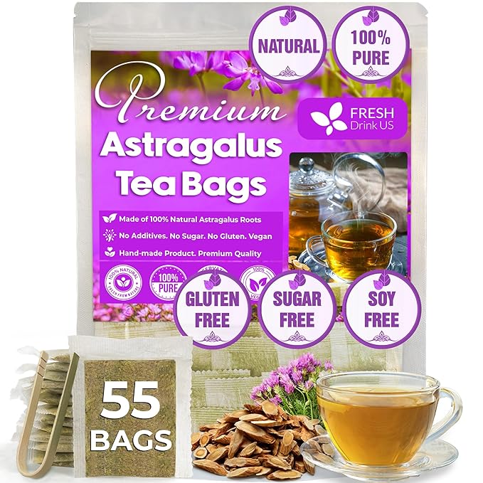 FreshDrinkUS Premium 55 Astragalus Root Tea Bags, 100% Natural & Pure. Astragalus Root Herbal Tea. Made With Natural Material Tea Bags. No Sugar, No Caffeine, No Gluten, Vegan