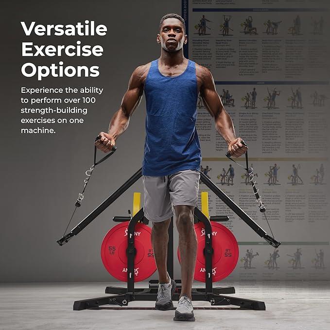 Sunny Health & Fitness Multifunctional Strength Training Home Gym – Complete Workout Equipment with Training Attachments, Optional Squat Stand, Power Rack Cage, Adjustable Incline Bench