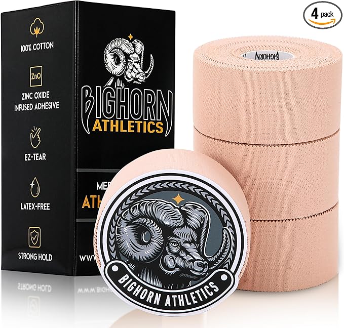 Bighorn Athletics Sports Tape | EZ-Tear Nude Athletic Tape for Wrist, Ankle & Foot Support | Zinc Oxide Infused & Latex-Free Adhesive, Breathable Cotton Fabric, 1.5-Inch x 45-Feet, 4 Rolls, Nude