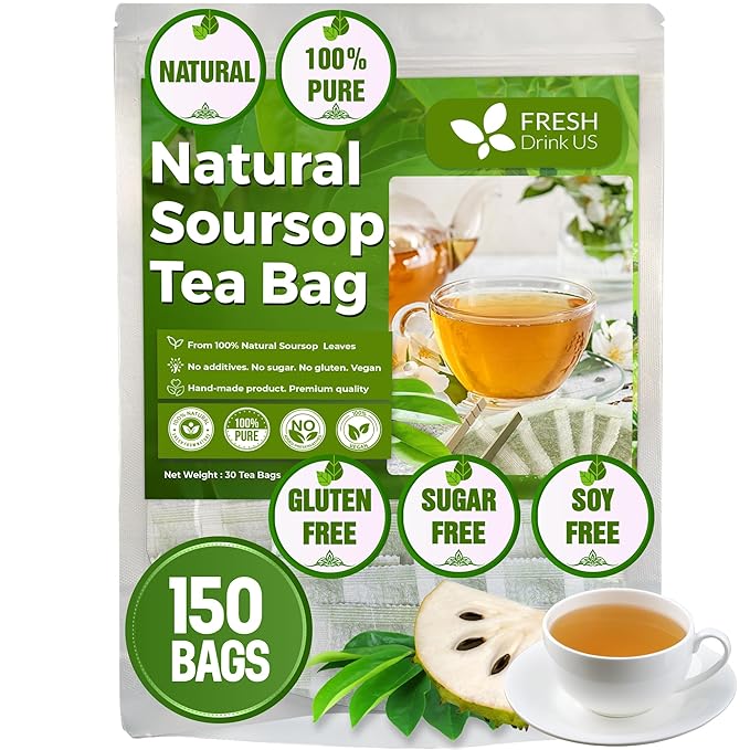 FreshDrinkUS, 150 Premium Soursop Graviola Leaf Tea Bags, 100% Natural and Pure, Hand-made, Made With Natural Materials-Corn Fiber Tea Bag, Sugar/Caffeine/Gluten Free, Hoja Guanabana Tea