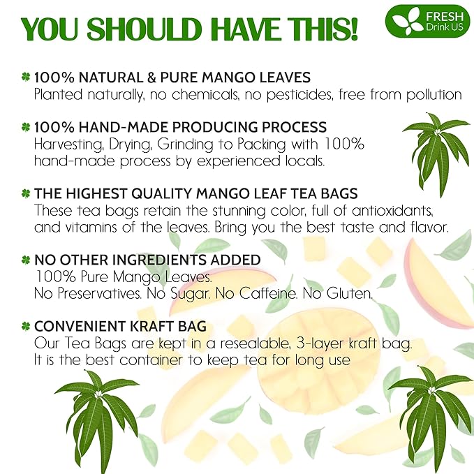 FreshDrinkUS Premium 60 Mango Leaf Tea Bags, 100% Natural & Pure. Loose Leaf Herbal Tea. No Sugar, No Caffeine, No Gluten, Vegan
