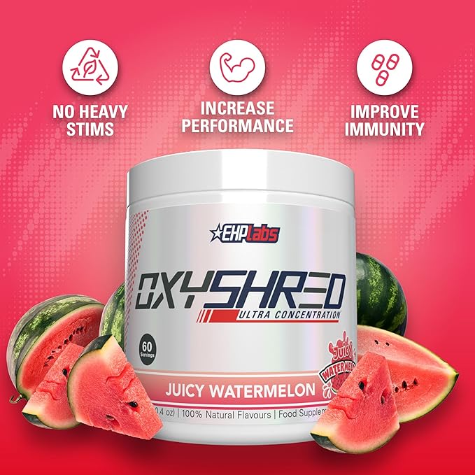 EHP Labs OxyShred Pre Workout Powder - Preworkout Powder with L Glutamine & Acetyl L Carnitine, Energy Boost Drink - Juicy Watermelon, 60 Servings