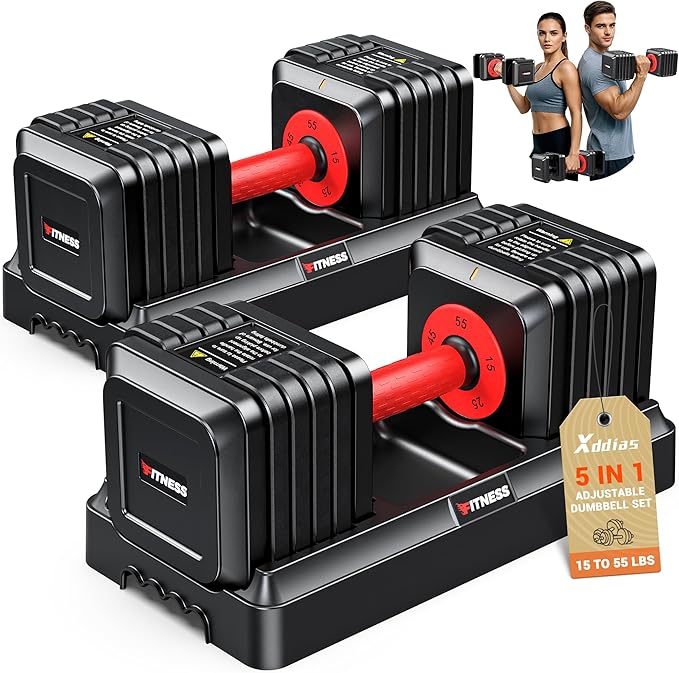 XDDIAS Adjustable Dumbbell Set of 2-25LB/55LB Set-1Sec Adjustable Dumbbell Weights-5 in 1 Free Weights Dumbbells Set with Effortless Tray/No-Slip Handle-Compact Size for Women/Men at Home Gym