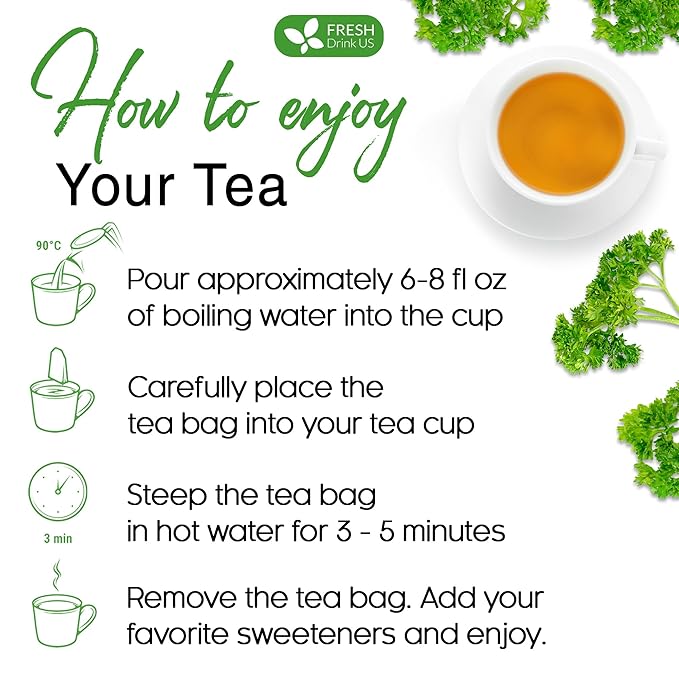 FreshDrinkUS, Premium 75 Parsley Leaf Tea Bags, 100% Natural & Pure from Parsley Leaves. Loose Leaf Parsley Herbal Tea. Made with Natural Material Tea Bags. No Sugar, No Caffeine, No Gluten, Vegan.