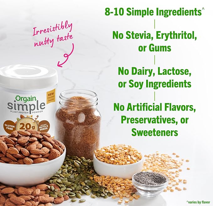 Orgain Organic Simple Vegan Protein Powder, Peanut Butter - 20g Plant Based Protein, With less Ingredients, No Artificial Sweeteners, Gluten Free, No Dairy or Lactose, 1.25 lb (Packaging May Vary)