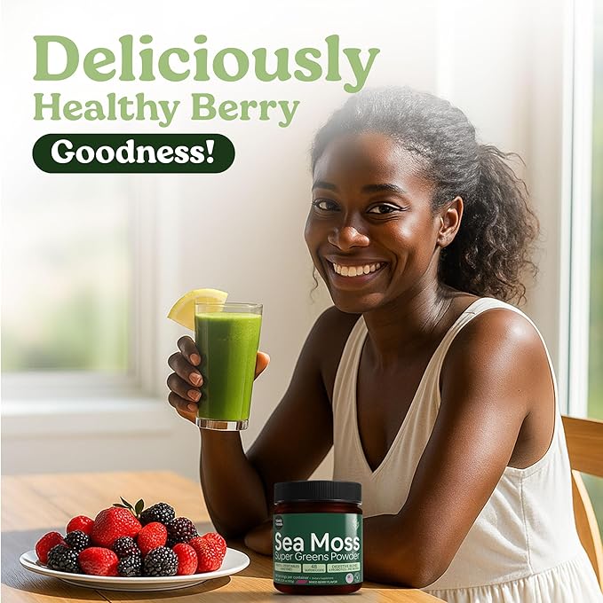 Atlantic Naturals Organic Sea Moss Super Greens Powder - Greens Superfood with 12 Vegetables, 15 Fruits, Probiotics, 16 Herbs & Spices - Digestive Health, Energy, Skin & Immunity - Mixed Berry Flavor