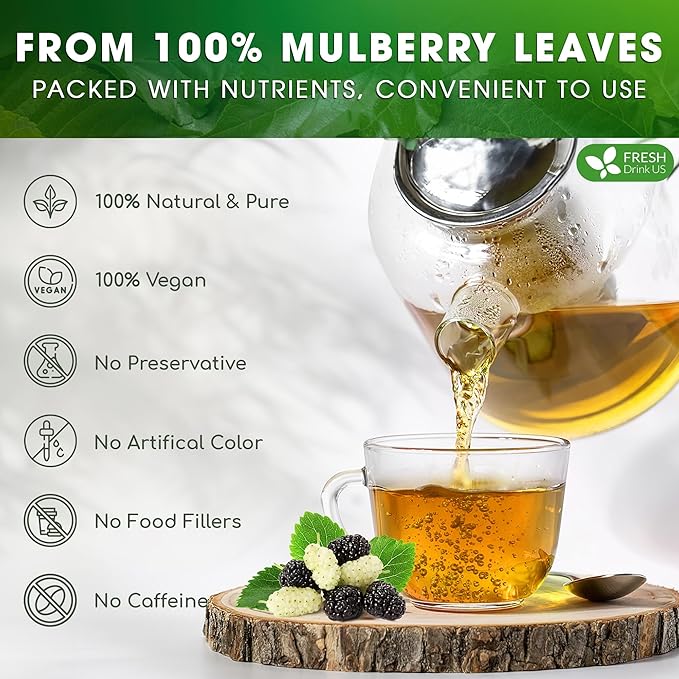 FreshDrinkUS Premium Mulberry Leaf Tea - 50 Bags, 100% Natural & Pure. Loose Leaf Herbal Tea. Natural Material Tea Bags. No Sugar, Caffeine, Gluten. Vegan.