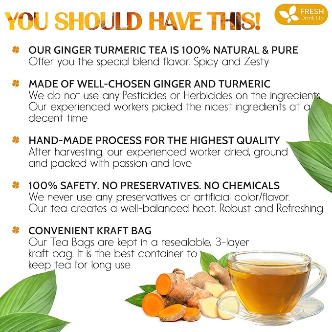 FreshDrinkUS, Premium 85 Ginger Turmeric Tea Bags, 100% Natural Ingredients, Hand-made Blend of Ginger and Turmeric Herbal Tea, Eco-conscious Tea Bags. No Sugar, No Caffeine, No Gluten, Vegan.