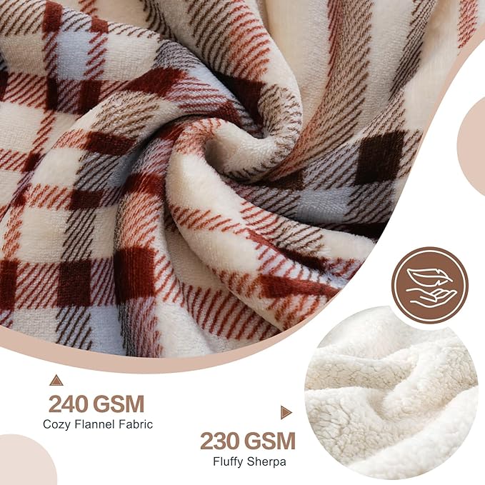 PU MEI Sherpa Fleece Throw Blanket 60" x 80" Reversible Plush Fluffy Large Big Blanket Lattice Flannel Blankets for All Season Use, Beige Stripe