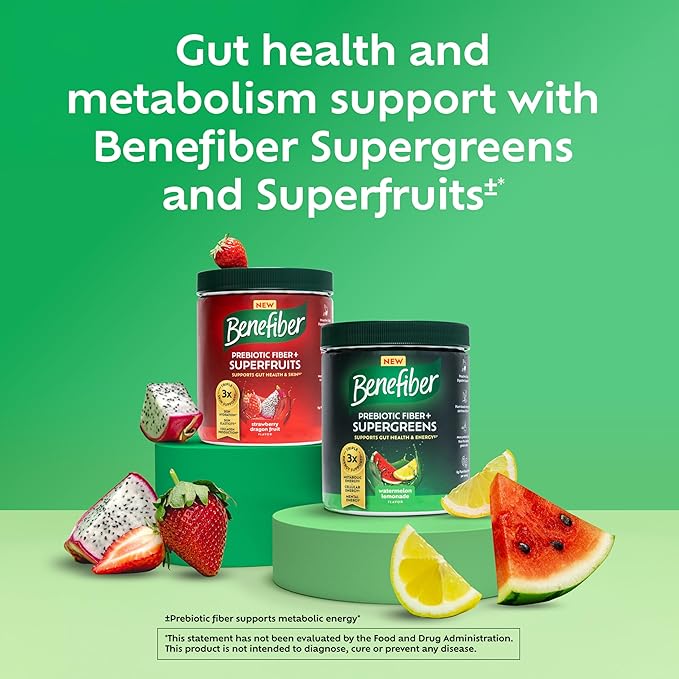 Benefiber Prebiotic Fiber + Supergreens Dietary Supplement Powder, Watermelon Lemonade Flavor, 8.8 oz (250g), 25 Day Supply