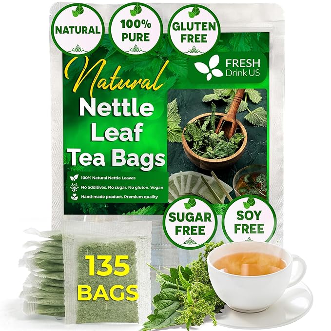 FreshDrinkUS, Premium 135 Nettle Leaf Tea Bags, 100% Natural & Pure, Stinging Nettle Leaf Tea, Nettle Leaf Tea, Burn Nettle, Stinging Nettle, Nettle Tea, Stinger Tea, No Sugar/ Caffeine & Gluten, Vegan