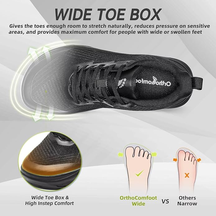 OrthoComfoot Orthopedic Diabetic Men's Wide Shoes: Comfortable Arch Support Running Sneakers, Plantar Fasciitis Wide Toe Box Work Tennis Outdoor Walking Shoes for Swollen Feet, Heel Pain